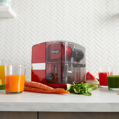 Omega Cold Press 365 Masticating Slow Juicer with On-Board Storage, in Red