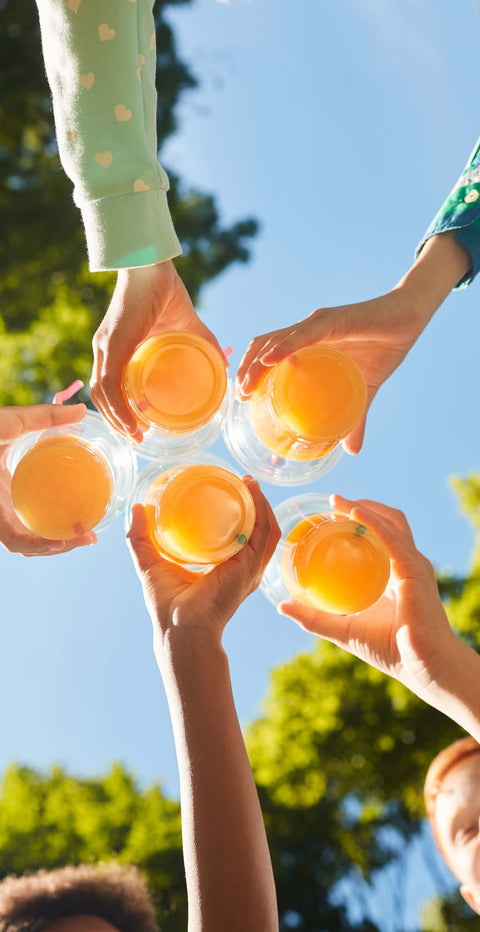 Group of people outdoors toasting glasses of fresh orange juice
