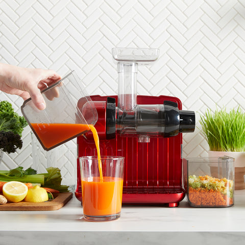 Omega Cold Press 365 Masticating Slow Juicer with On-Board Storage, in Red
