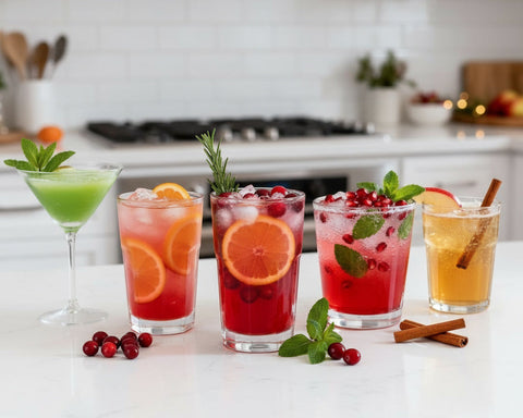 Assorted colorful cocktails on a kitchen counter with garnishes.